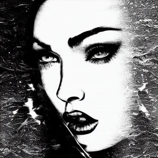 Image similar to megan fox face in beautiful mountains, double - exposure effect, in the style of dan mountford, amazing detail, black and white