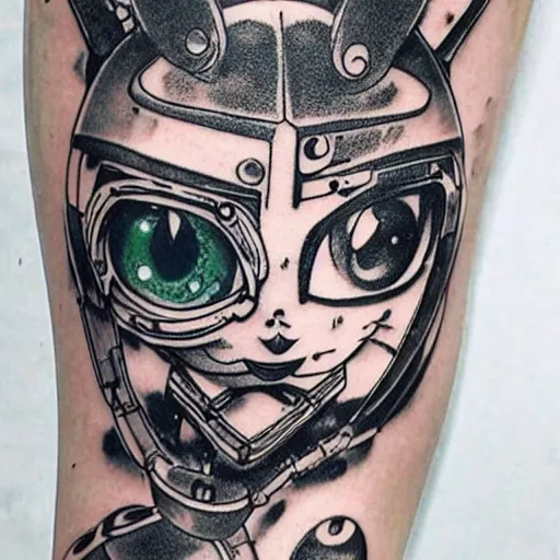 Image similar to Anime manga robot!! cat tattoo, cyborg cat, exposed wires and gears, fully robotic!! cat, manga!! in the style of Junji Ito and Naoko Takeuchi, cute!! chibi!!! cat, tattoo on upper arm, arm tattoo
