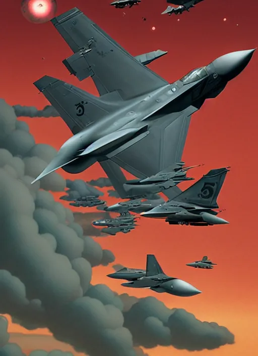 Image similar to poster artwork by michael whelan and tomer hanuka, a portrait, f 3 5 jets dogfighting in the clouds of jupiter, clean