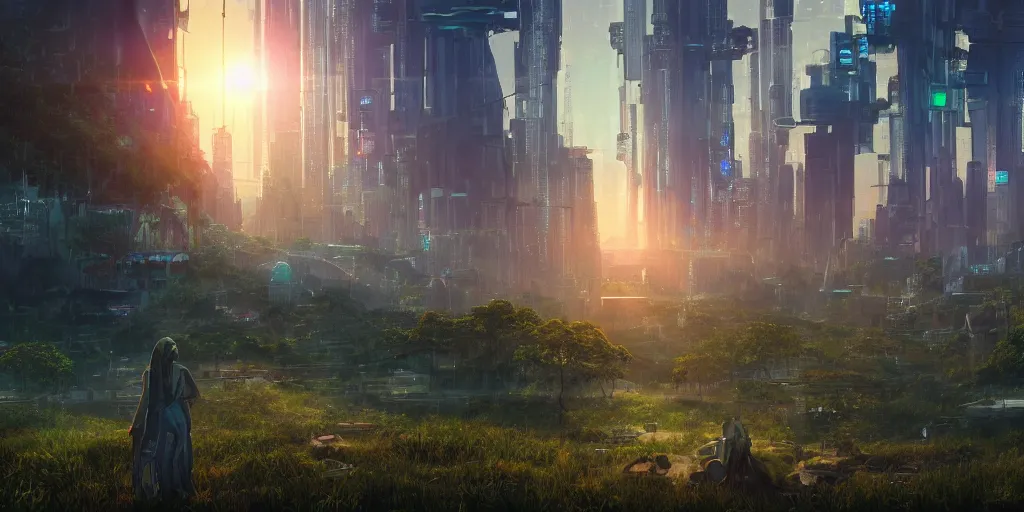 Image similar to a cinematic composition depicting : a translucid crystal - being viewing how a lush solarpunk civilization with their technology is encroaching on a distant cyberpunk world at sunrise