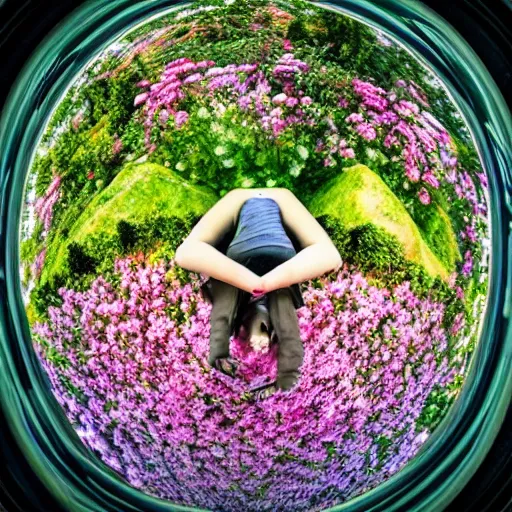 Image similar to a flower / human hybrid, fisheye photo