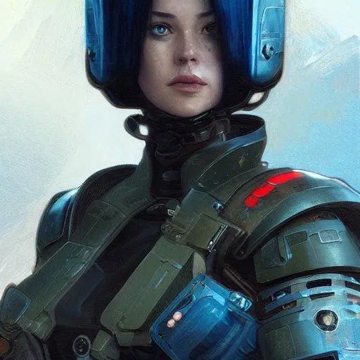 Prompt: woman dressed in scifi military uniform and armor with black hair and blue eyes, elegant, digital illustration, detailed, intricate, sharp focus, digital painting, deep focus, digital painting, artstation, concept art, matte, art by artgerm and greg rutkowski and alphonse mucha