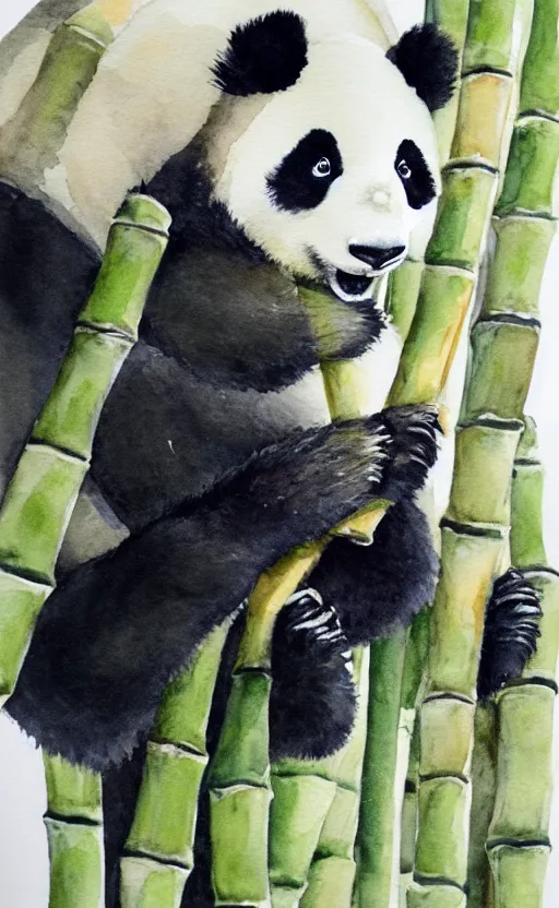 Image similar to a watercolor painting of a panda eating bamboo, dynamic lighting, photorealistic, ambient lighting, atmospherical, stunning visuals, trending on art station