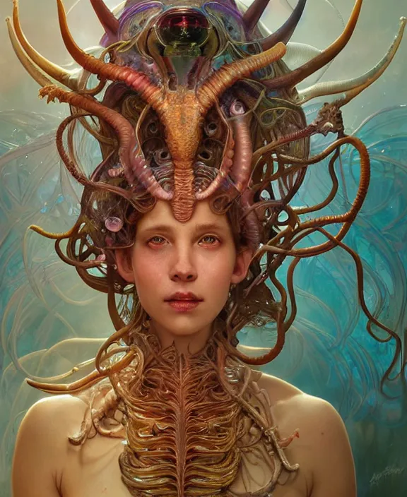 Prompt: intricate colorful transparent portrait of a terrifying beautiful alien sea creature, horns, shells, mottled coloring, adorable, childlike, anxiety environment, ultra realistic, concept art, art nouveau, photorealistic, octane render, 8 k, unreal engine. art by christopher marley and artgerm and greg rutkowski and alphonse mucha