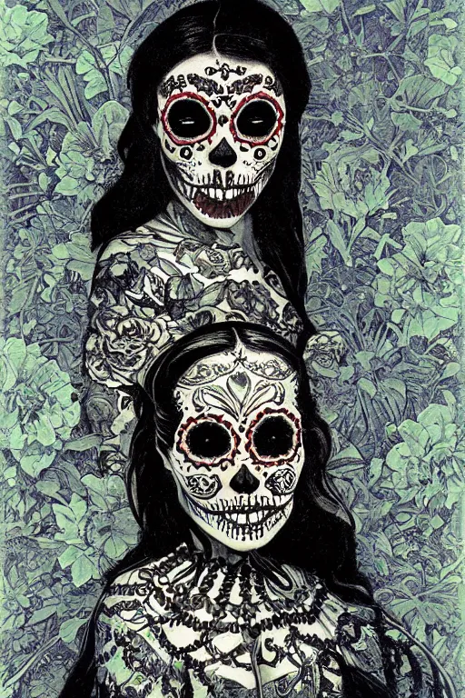 Prompt: illustration of a sugar skull day of the dead girl, art by maxfield parrish