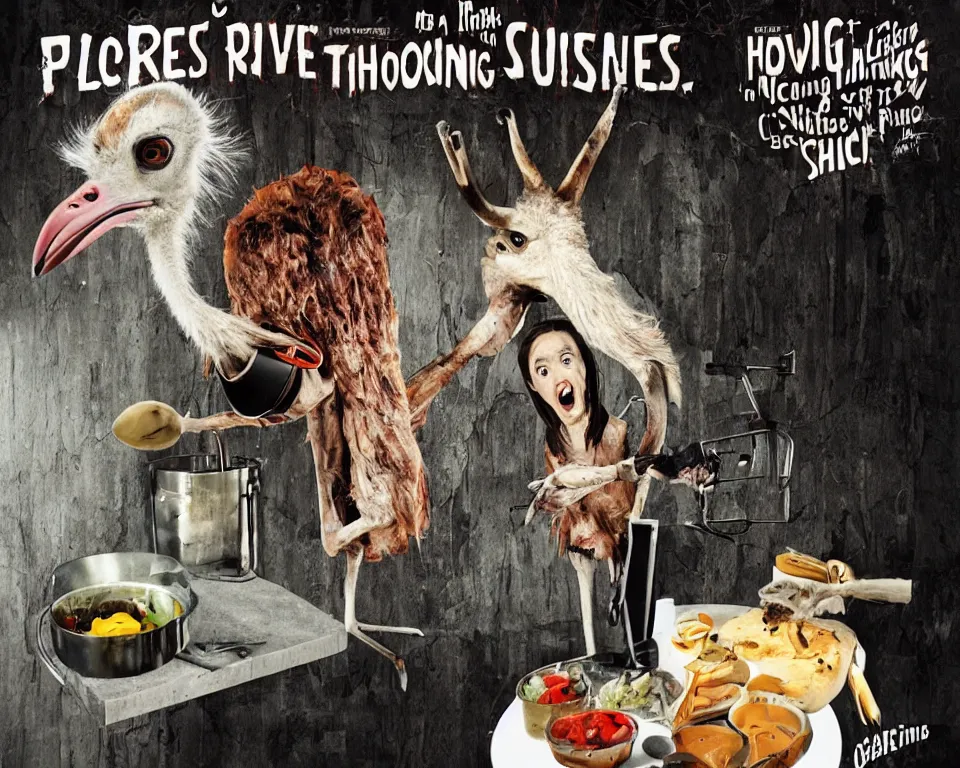 Image similar to a horror movie poster featuring a ostrich hosting a cooking show,