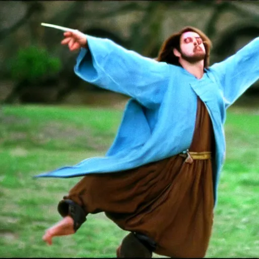 Prompt: a man with long brown hair with a light blue cloak, medieval clothes, kicking in the air, 1 9 9 1, movie still