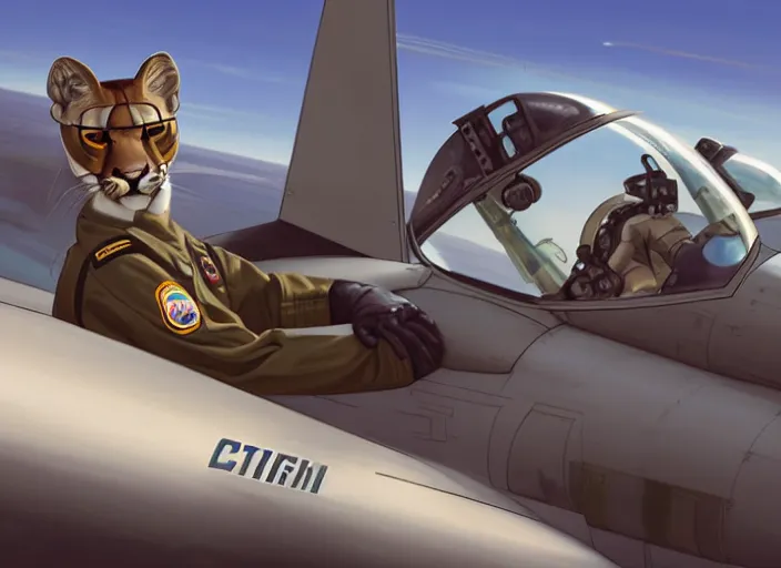 Prompt: character portrait feature of the anthro female anthropomorphic puma bobcat mountain lion fursona animal person wearing aviator sunglasses fighter jet pilot outfit uniform sitting in a fighter jet cockpit flying plane professional pilot for us air force character design stylized by charlie bowater, ross tran, artgerm, and makoto shinkai, detailed, soft lighting, rendered in octane