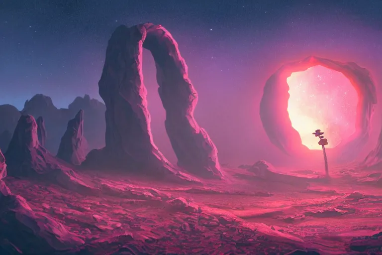Image similar to a single distant fleshy glowing portal opens up in an otherwise dark and desolate landscape : retro, sci - fi, surrealism, vaporwave, concept art, 4 k, ultra hd, very detailed, digital art