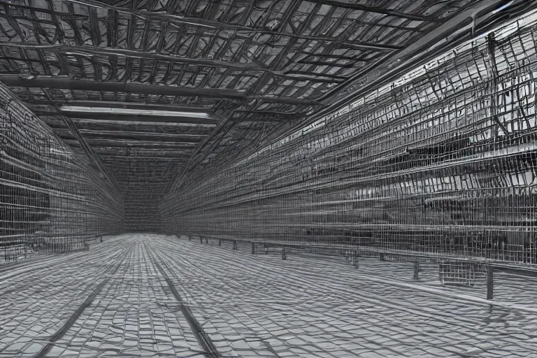 Image similar to very empty very dark cargo hall and large corridors of huge huge space ship containing rows of cages with strange animals ultra detailed photorealistic rendering chiaroscuro painting