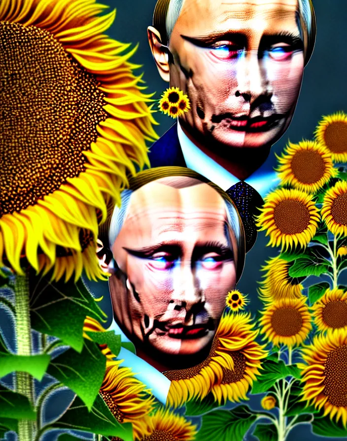 Image similar to photo portrait of Vladimir Putin - sunflowers - dressed in leisure suit with ornamental ethereal sunflower pattern, natural skin tone, highly detailed realistic flowers ornament in the upper side of breast, hair, eyebrows and wrinkles are intricate with highly detailed realistic flowers, elegant, Realistic, Refined, Highly Detailed, natural soft pastel lighting colors scheme, fine art photography by Cecil Beaton, volumetric lighting, hyper realistic photography