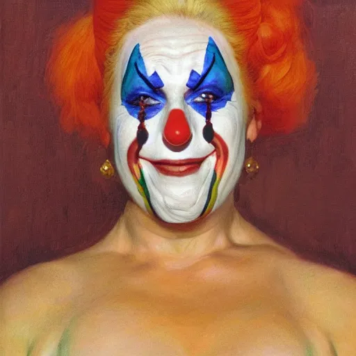 Image similar to portrait of a woman with a painted wood mask, clown pattern, by donato giancola.