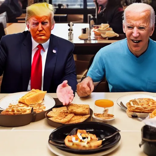 Image similar to photograph of trump and Biden sitting and eating breakfast at a Wafflehouse