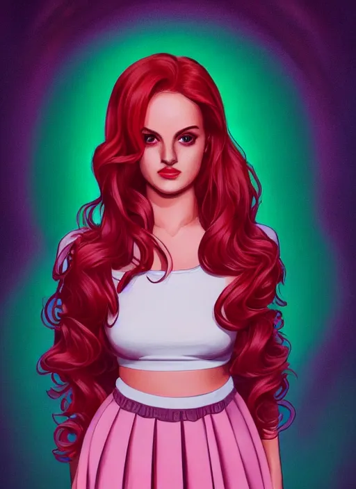 Image similar to full body portrait of teenage cheryl blossom, chubby, bangs, green eyes, sultry expression, red hair, sultry smirk, bangs and wavy hair, pink skirt, fat, intricate, elegant, glowing lights, highly detailed, digital painting, artstation, concept art, smooth, sharp focus, illustration, art by wlop, mars ravelo and greg rutkowski