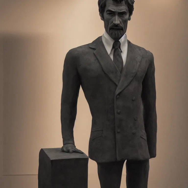 Prompt: studio photograph of hyperrealistic accurate portrait sculpture of young timothy dalton, beautiful symmetrical!! face accurate face detailed face realistic proportions, made of asphalt on a pedestal by ron mueck and matthew barney and greg rutkowski, hyperrealism cinematic lighting shocking detail 8 k