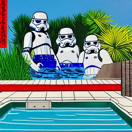 Image similar to hyperrealism composition of the japanese house with a hot springs in the garden, two detailed stormtroopers bathe in a hot spring, pop - art style, jacky tsai style, andy warhol style, roy lichtenstein style, round canvas, acrylic on canvas