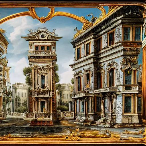 Prompt: whimsically designed rococo capriccio image graffiti architecture