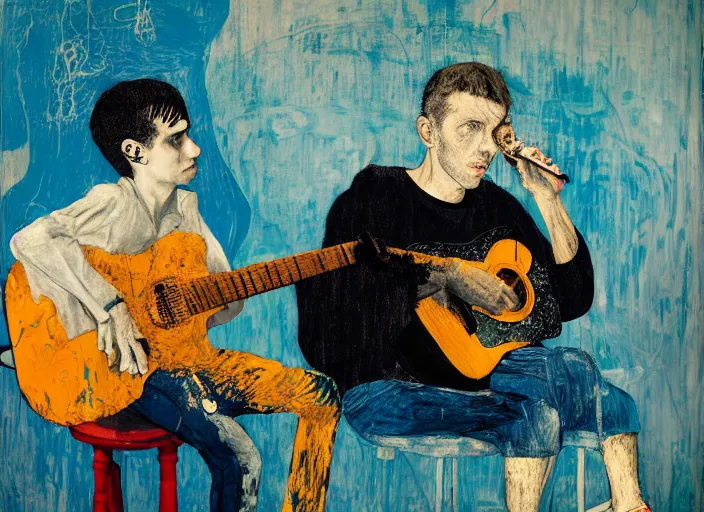 Prompt: nervous boy with acoustic guitar, vincent lefevre and hernan bas and pat steir and peter doig and hilma af klint, psychological, photorealistic, dripping paint, washy brush, rendered in octane, altermodern, masterpiece