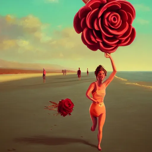 Image similar to portrait, giant rose flower head, woman running at the beach, surreal photography, sunrise, blue sky, dramatic light, impressionist painting, digital painting, artstation, simon stalenhag