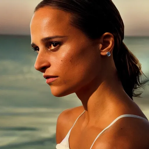 Prompt: alicia vikander. facing away from us. watches sunset. perfect anatomy. meticulous detail