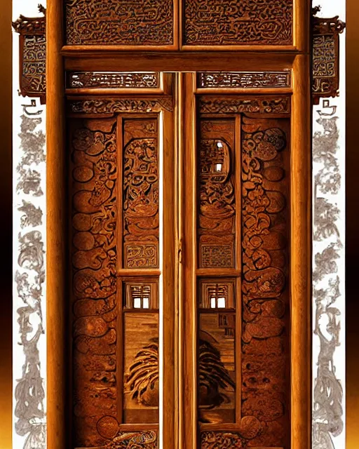 Image similar to ancient chinese wood burl door with intricate gilding and carved ivory, redwood, fantasy art, marc simonetti, ferdinand knab