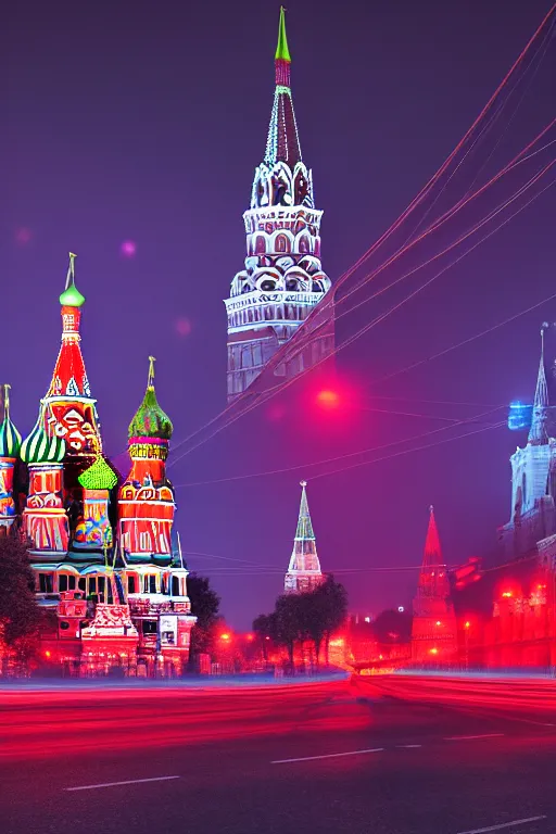 Prompt: neon streets of moscow with red square, 4 k, award winning photo, cyberpunk style