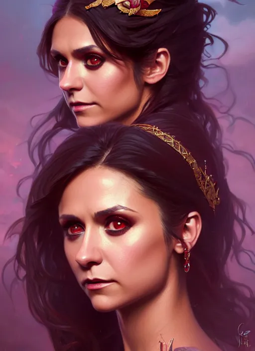 Image similar to portrait of nina dobrev as a sultry vampire queen, jewelry, greek, ruby, intricate, headshot, highly detailed, digital painting, artstation, concept art, sharp focus, cinematic lighting, illustration, art by artgerm and greg rutkowski, alphonse mucha, cgsociety