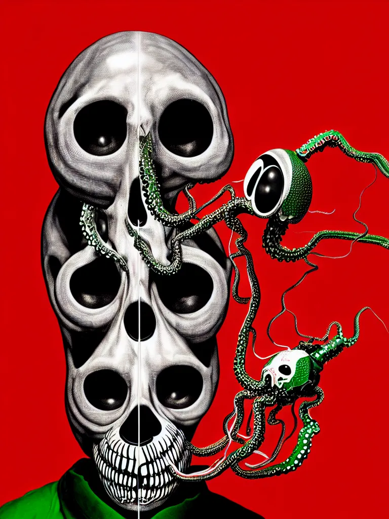 Image similar to a self portrait photograph by the artist kelbv, in distinct hyper detailed style with tubes coming from eyes, and hollowed skull filled with red and green gingham ellipsoids, perfect studio lighting against a backdrop of a still from the movie squid asthma.