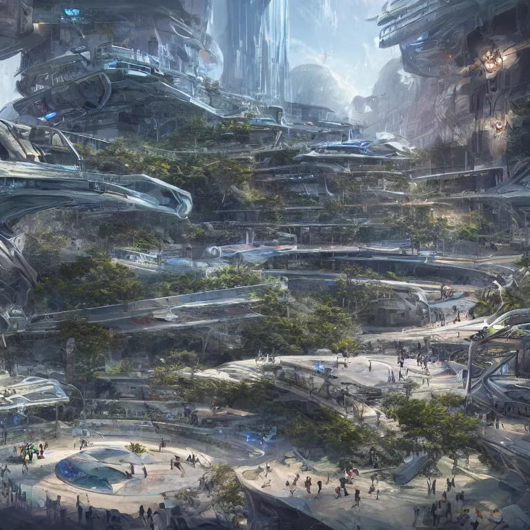 Image similar to environment concept art location of a giant outdoor amphitheater in a sci-fi eco-city, skybridges, turrets, busy, futuristic, unreal engine, detailed, octane render, 4k, photorealistic, cinematic lighting