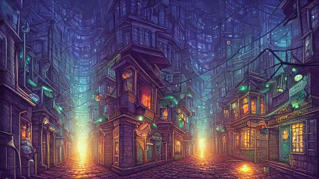 Prompt: street view of lovecraftian city at night by cyril rolando and naomi okubo and dan mumford and ricardo bofill. lovecraft.