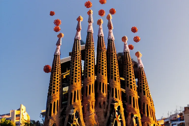 Prompt: views of catastrophic barcelona's sagrada familia covered with high water, global warming, floating cars, sunset lighting, photo real