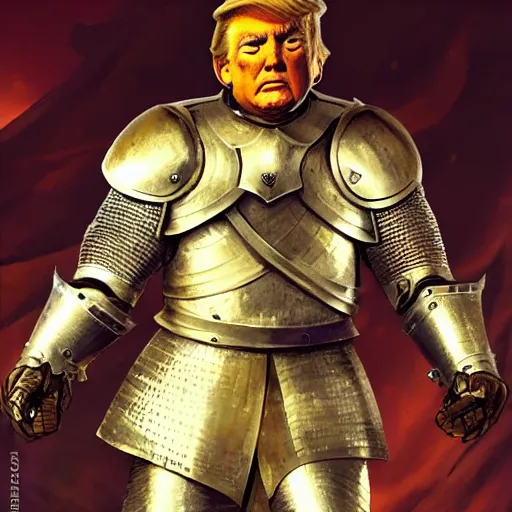 Prompt: cinematic front shot, two arms, two legs, two knights gauntlets, donald trump as a knight, shinning armor, knights armor, donald trumps sexy face, intimidating pose, donald trump wearing a crown, donald trumps heroic face, by hans thoma