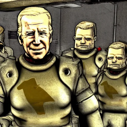 Prompt: joe biden as president in fallout 2 enclave base surrounded by soldiers in power armor, game screenshot