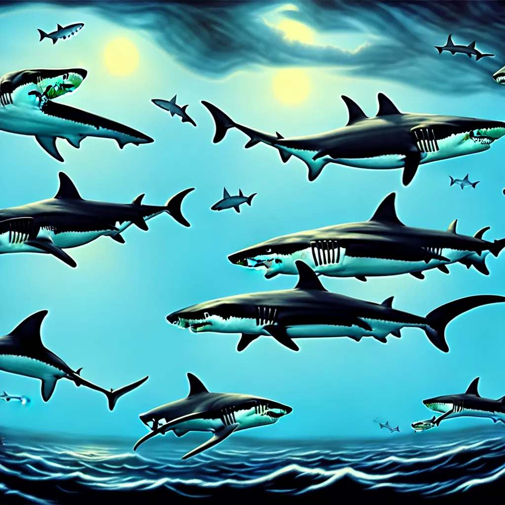 Image similar to shark party, detailed matte painting, oil on canvas, atmospheric, field of depth, fantasy, grim, dark, trending on artstation
