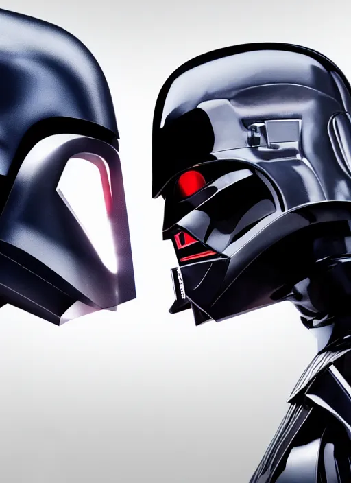 Image similar to Film poster, RoboCop VS Darth Vader, faces look at each other, detailed and realistic, 4k, filmic render