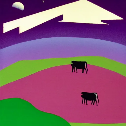 Prompt: cows casting a shadow being abducted by ufo in summer night from pasture. aerial view, minimalism, precisionist in style of patrick nagel, purple and green gamma with contrast and shadows