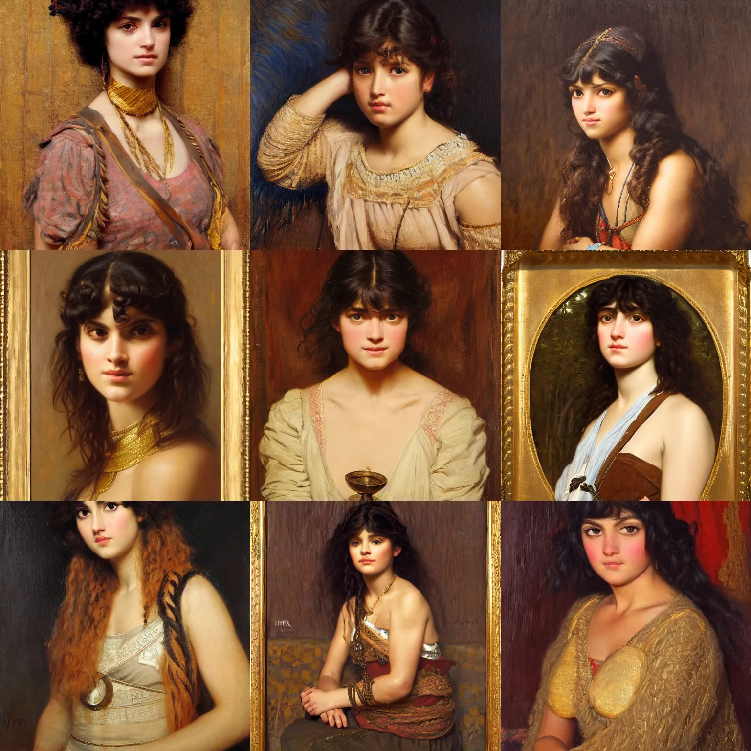 Prompt: orientalism portrait of a cute huntress with bangs and curls and brown skin by Edwin Longsden Long and Theodore Ralli and Nasreddine Dinet and Adam Styka, masterful intricate artwork. Oil on canvas, excellent lighting, high detail 8k