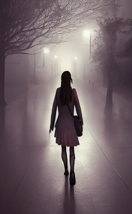 Prompt: school girl walking at night, gloomy and foggy atmosphere, octane render, cgsociety, artstation trending, horror scene, highly detailded
