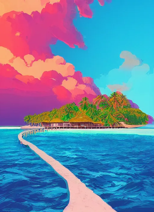 Prompt: a travel poster illustration depicting an island in the maldives, digital painting, vector art, trending on artstration, by anton fadeev, by alena aenami