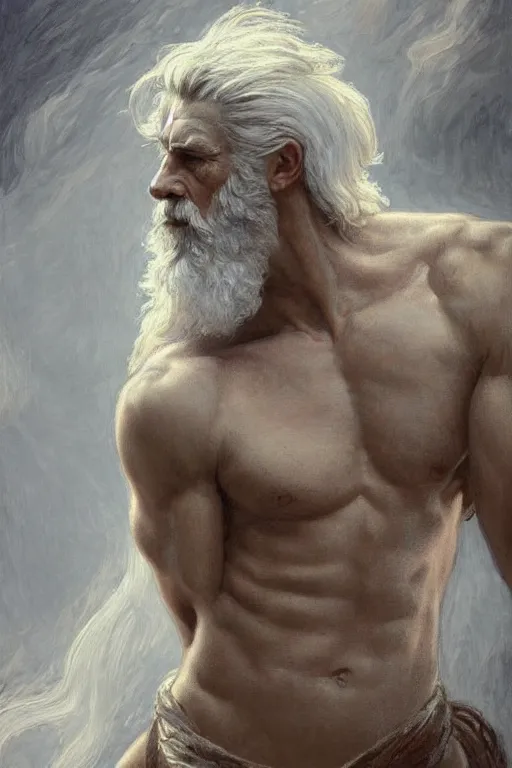 Image similar to painted portrait of rugged zeus, god of thunder, greek god, white hair, masculine, mature, handsome, upper body, muscular, hairy torso, fantasy, intricate, elegant, highly detailed, digital painting, artstation, concept art, smooth, sharp focus, illustration, art by gaston bussiere and alphonse mucha