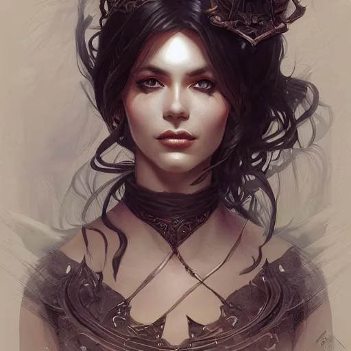 Prompt: Female witch closeup, D&D, fantasy, intricate, elegant, highly detailed, digital painting, trending on artstation, concept art, illustration, art by Artgerm and Greg Rutkowski and Alphonse Mucha