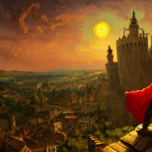 Image similar to a rugged man with curly red hair wearing a green cloak playing a lute sitting on a roof top, medieval setting, entire city visible, zoomed out, night, atmospheric lighting, painted, intricate, volumetric lighting, beautiful, rich deep colours masterpiece, golden hour, oil painting