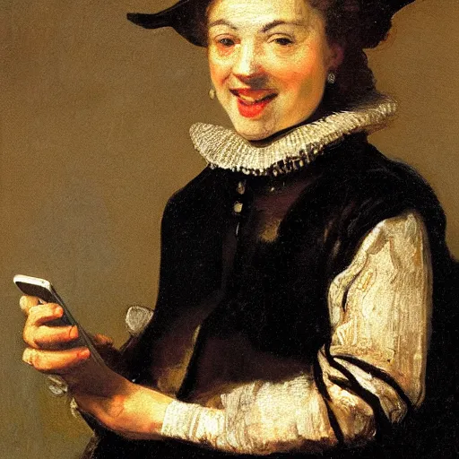 Prompt: close - up portrait of a smiling businesswoman holding a cell phone, oil painting in the style of rembrandt