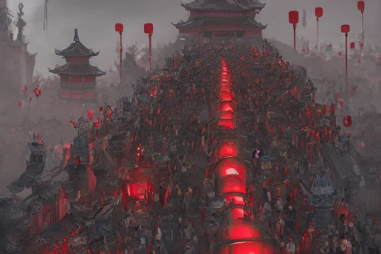 Prompt: lined up crowd are marching toward the chinese palace, big red dragon flying above them, dark atmosphere, light above palace, digital art, trending on artstation