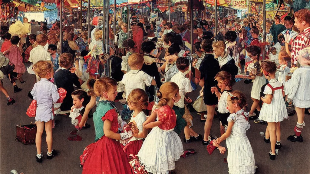 Image similar to kids wandering through a carnival, all ignoring the rides and playing on their phones instead, by Norman Rockwell