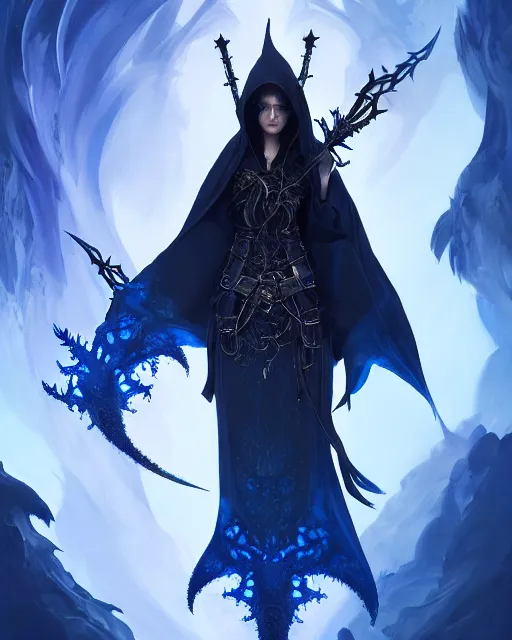 Prompt: portrait of a fierce fantasy female assassin, highly detailed, detailed gothic cloak, blue flame, fractal silk, (huge fractal crystal scythe), beautifully lit, digital painting, smooth, character design, sharp focus, rugged, post processing, trending on artstation, by WLOP, ruan jia, James Jean