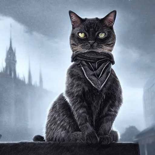 Image similar to a cat in a cloak, in a fantastic city , dramatic lighting, cinematic, establishing shot, extremely high detail, foto realistic, cinematic lighting, post processed, concept art, high details, cinematic, 8k resolution, beautiful detailed, photorealistic, digital painting, artstation, concept art, smooth, sharp focus, artstation trending, octane render, unreal engine