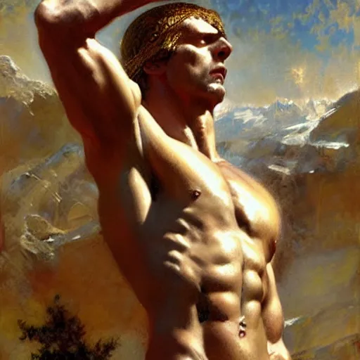 Image similar to Vladimir Putin as a greek god, muscular, detailed face, thighs, painting by Gaston Bussiere, Craig Mullins