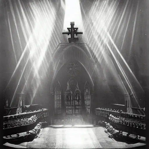 Image similar to an early photograph of a steampunk cathedral with god rays from the 19th century