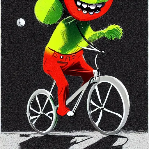 Image similar to a tennis ball monster, tennis ball, dark, chalky, riding a bike, digital art, fantasy, magic, trending on artstation, ultra detailed, professional illustration by Basil Gogos